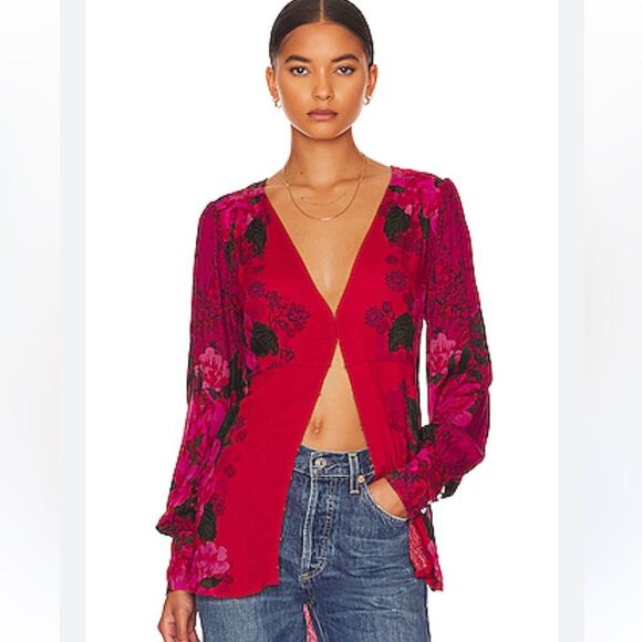 Free People Mikayla Red Pink Floral Hook Closure Blouse  in Scarlett Combo - Picture 1 of 16